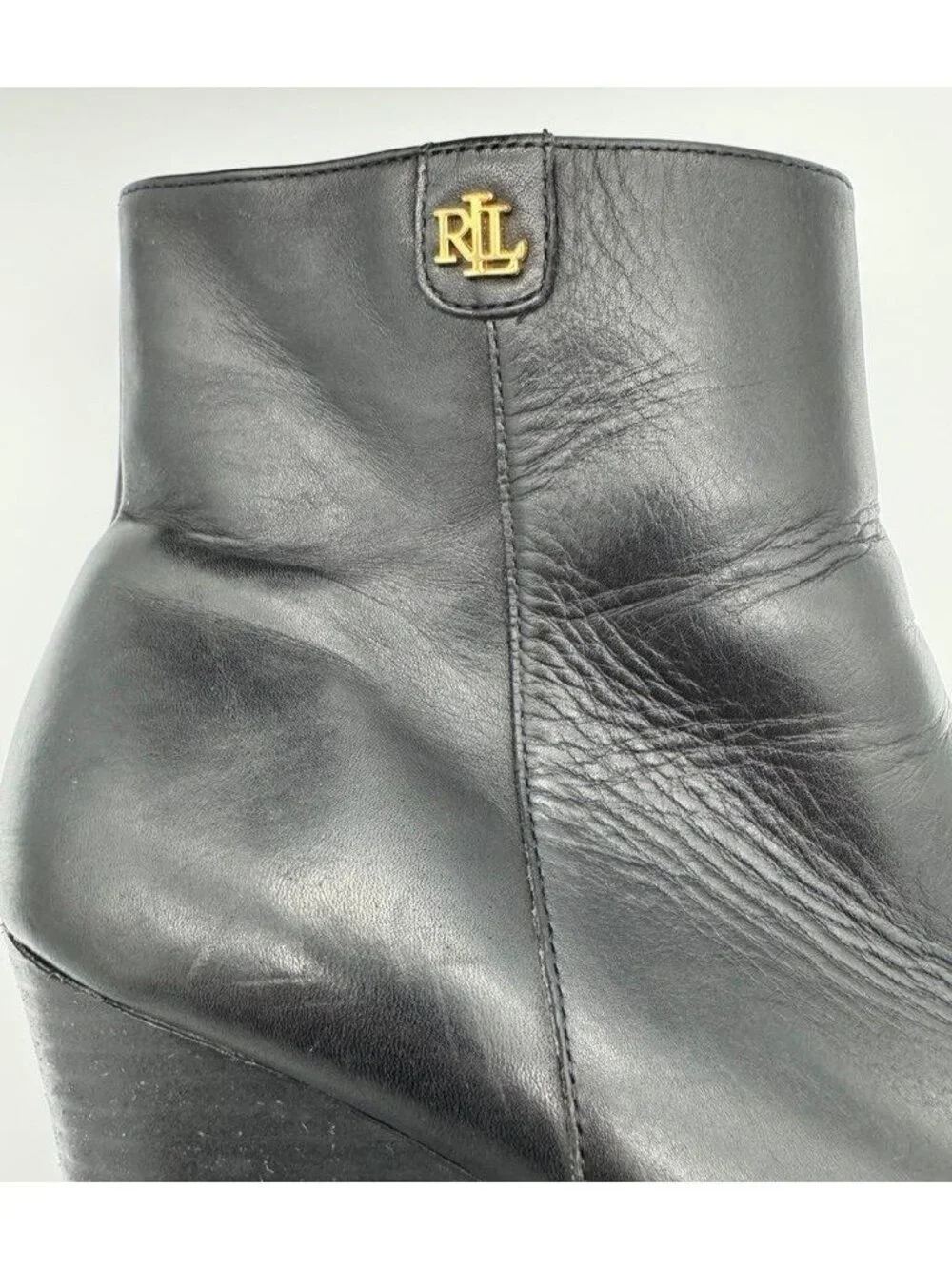 Lauren Ralph Lauren Shaley Black Leather Wedge Ankle Boots Gold Logo Women's 8